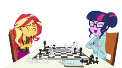 Size: 1280x720 | Tagged: dead source, safe, artist:php77, editor:php77, sci-twi, sunset shimmer, twilight sparkle, equestria girls, g4, my little pony equestria girls: better together, background removed, checkmate, chess, chessboard incorrectly oriented, clothes, duo, duo female, eyes closed, female, glasses, laughing, simple background, table, transparent background