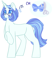 Size: 1091x1223 | Tagged: safe, artist:purplegrim40, oc, oc only, oc:custom surprise, pony, unicorn, bow, eyelashes, female, glasses, horn, mare, offspring, parent:coco pommel, parents:canon x oc, raised hoof, scissors, simple background, solo, transparent background, unicorn oc