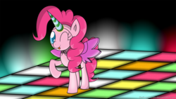 Size: 2560x1440 | Tagged: dead source, safe, artist:seriousarthos, pinkie pie, earth pony, pony, g4, dance floor, dancing, fake horn, fake wings, female, hat, mare, one eye closed, party hat, partycorn, solo, wink