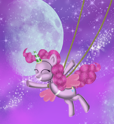 Size: 4355x4733 | Tagged: safe, artist:xlilian, pinkie pie, earth pony, pony, g4, magical mystery cure, absurd resolution, eyes closed, fake horn, fake wings, female, hanging, hat, mare, moon, party hat, partycorn, rope, solo