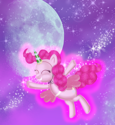 Size: 4355x4733 | Tagged: safe, artist:xlilian, edit, pinkie pie, alicorn, pony, g4, magical mystery cure, absurd resolution, eyes closed, fake wings, female, glowing, hat, mare, moon, night, party hat, partycorn, solo, space