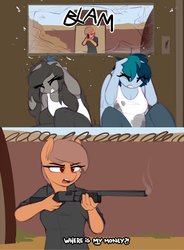 Size: 1264x1722 | Tagged: safe, artist:shinodage, oc, oc only, oc:delta vee, oc:trash, anthro, anthro oc, breasts, clothes, delta vee's junkyard, dialogue, eyes closed, female, gun, mare, open mouth, pants, shirt, shotgun, weapon, window