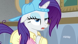 Size: 1920x1080 | Tagged: safe, screencap, rarity, pony, unicorn, friendship university, g4, season 8, backwards ballcap, baseball cap, cap, clothes, female, hat, mare, plainity, raised hoof, solo