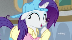 Size: 1920x1080 | Tagged: safe, screencap, rarity, pony, unicorn, friendship university, g4, backwards ballcap, baseball cap, cap, clothes, cute, eyes closed, female, floppy ears, hat, mare, open mouth, plainity, raribetes, solo