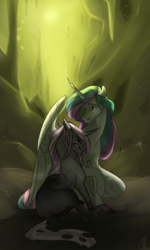 Size: 3000x5000 | Tagged: safe, artist:maxiima, fleur-de-lis, princess celestia, changeling, g4, comforting, pain, transformation