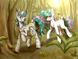 Size: 1400x1050 | Tagged: artist needed, source needed, safe, princess celestia, oc, oc:unise, earth pony, pony, zebra, g4, canon x oc, celenise, duo, earth pony celestia, female, mare, missing cutie mark, race swap, raised hoof