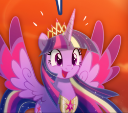 Size: 790x699 | Tagged: safe, artist:light262, artist:lummh, edit, twilight sparkle, alicorn, pony, comic:timey wimey, g4, colored wings, cropped, crown, element of magic, ethereal mane, female, happy, mare, multicolored wings, older, older twilight, open mouth, peytral, rainbow power, regalia, smiling, solo, twilight sparkle (alicorn), ultimate twilight