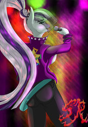 Size: 1500x2160 | Tagged: safe, artist:swiftriff, coloratura, earth pony, anthro, g4, clothes, female, looking back, microphone, pants, singing, solo, sweatpants