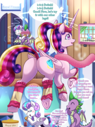 Size: 1000x1333 | Tagged: safe, artist:vavacung, princess cadance, princess flurry heart, spike, alicorn, dragon, pony, comic:my life as a short dragon, g4, blood, blushing, butt, comic, exercise, eyes closed, female, frog (hoof), hoof shoes, leg warmers, lovebutt, male, milf, nosebleed, older, older flurry heart, older spike, open mouth, plot, sanitary napkin, sanitary pad, sweat, tampon, the ass was fat, underhoof, winged spike, wings, workout