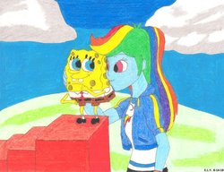 Size: 1024x788 | Tagged: safe, artist:summershe-wolf, rainbow dash, equestria girls, g4, my little pony equestria girls: better together, clothes, crossover, crossover shipping, female, kissing, male, shipping, signature, size difference, smaller male, spongebob squarepants, spongebob squarepants (character), spongedash, straight, traditional art