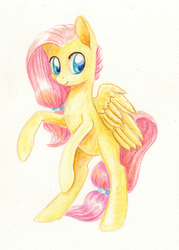 Size: 900x1254 | Tagged: safe, artist:maytee, fluttershy, pegasus, pony, g4, aside glance, bright, colored pencil drawing, female, hair ribbon, looking at you, mare, partially open wings, rearing, smiling, solo, standing, three quarter view, traditional art, wings