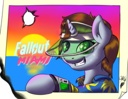 Size: 2200x1700 | Tagged: safe, artist:frecklesfanatic, oc, oc only, oc:littlepip, pony, unicorn, fallout equestria, clothes, ear fluff, fallout, fallout miami, fanfic, fanfic art, female, fluffy, hat, hawaiian shirt, hooves, horn, jumpsuit, mare, muzzle fluff, pipbuck, postcard, shirt, simple background, solo, sun visor, teeth, text, transparent background, vault suit