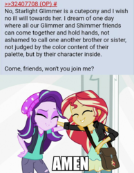 Size: 720x928 | Tagged: safe, starlight glimmer, sunset shimmer, equestria girls, equestria girls specials, g4, my little pony equestria girls: mirror magic, 4chan, 4chan screencap, best friends, comments, cute, image macro, meme, text, thread