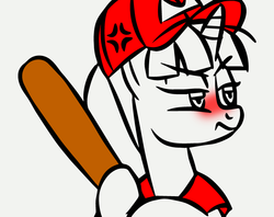 Size: 1002x793 | Tagged: safe, artist:mod wit, oc, oc only, oc:berry isthmus, pony, unicorn, angry, annoyed, baseball, baseball bat, baseball cap, blushing, cap, cross-popping veins, cute, explicit source, female, hat, mare, sports