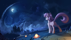 Size: 1920x1080 | Tagged: safe, artist:discordthege, oc, oc only, pony, unicorn, castle, commission, crescent moon, dock, featureless crotch, female, looking away, mare, moon, night, scenery, solo, water