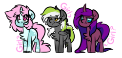 Size: 2242x1071 | Tagged: safe, artist:spoopygander, oc, oc only, oc:feiya waull, oc:graphite sketch, oc:scoops, pegasus, pony, unicorn, chest fluff, chibi, colored wings, confused, cute, female, fluffy, group, looking up, mare, markings, multicolored hair, multicolored wings, outline, paws, piercing, simple background, smiling, smug, sticker, sticker set, text, transparent background