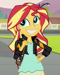 Size: 783x991 | Tagged: safe, edit, edited screencap, editor:leonidus, screencap, sunset shimmer, equestria girls, g4, my little pony equestria girls: friendship games, backpack, bag, clothes, cute, female, grin, happy, jacket, leather jacket, shimmerbetes, smiling, solo