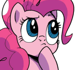 Size: 361x324 | Tagged: safe, artist:pencils, edit, idw, pinkie pie, earth pony, pony, g4, background removed, female, hoof on chin, mare, ponk, puzzled, raised eyebrow, raised hoof, reaction image, simple background, solo, thinking, transparent background