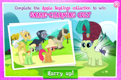 Size: 797x528 | Tagged: safe, gameloft, apple cherry, apple munchies, cucumber seed, grand pear, olden pony, pigpen, pony, g4, advertisement, apple family member, collection, turban