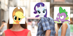 Size: 1190x596 | Tagged: safe, applejack, rarity, spike, dragon, g4, distracted boyfriend meme, downvote bait, female, lesbian, male, meme, op is a duck, op is trying to start shit, ship:rarijack, ship:sparity, shipping, spike is not amused, straight, unamused, winged spike, wings