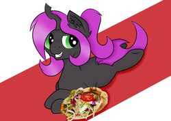Size: 3753x2660 | Tagged: safe, artist:luriel maelstrom, edit, oc, oc only, oc:violet nebula, changeling, abstract background, ear fluff, fangs, food, high res, kebab, lying, png, purple changeling, simple background, solo