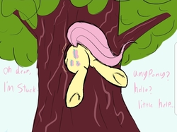 Size: 1080x806 | Tagged: artist needed, safe, fluttershy, pegasus, pony, g4, butt, buttstuck, female, flutterbutt, mare, plot, simple background, solo, story included, stuck, stuck between trees, text, tree, underhoof, weight gain, white background