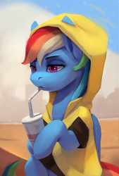 Size: 745x1100 | Tagged: safe, artist:rodrigues404, rainbow dash, pegasus, pony, clothes, cup, drink, drinking, drinking straw, female, lidded eyes, mare, poncho, sitting, solo, straw