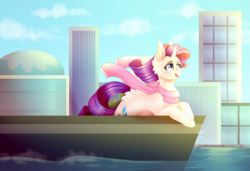 Size: 3500x2396 | Tagged: safe, artist:twinkepaint, rarity, pony, unicorn, g4, boat, city, clothes, cloud, female, high res, mare, open mouth, scarf, sky, smiling, solo, water