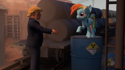 Size: 1920x1080 | Tagged: safe, artist:mohdashie1, rainbow dash, g4, 3d, donald trump, oil, radioactive, source filmmaker, wagon