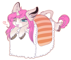 Size: 1500x1265 | Tagged: safe, artist:hagalazka, oc, oc only, oc:tarot, classical unicorn, pony, salmon, unicorn, :p, blue eyes, cloven hooves, curved horn, cute, ear piercing, earring, female, floppy ears, fluffy, food, freckles, heart, horn, jewelry, leonine tail, long mane, long tail, looking at you, mare, palomino, piercing, pink mane, ponies in food, ponies in sushi, prone, rice, silly, silly pony, simple background, smiling, solo, sushi, tongue out, transparent background, unshorn fetlocks