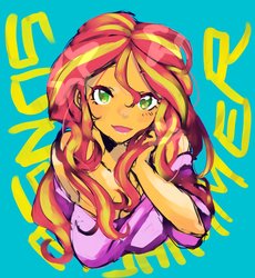 Size: 1309x1422 | Tagged: safe, artist:ku_rimo, sunset shimmer, human, equestria girls, g4, blue background, breasts, bust, busty sunset shimmer, clothes, cute, female, looking at you, open mouth, shimmerbetes, simple background, solo