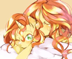 Size: 1674x1370 | Tagged: safe, artist:ku_rimo, sunset shimmer, human, pony, unicorn, equestria girls, g4, duo, female, human ponidox, one eye closed, self paradox, self ponidox, wink