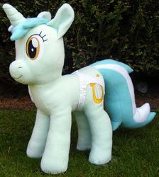 Size: 1036x1154 | Tagged: safe, artist:hoppip, lyra heartstrings, pony, unicorn, g4, clothes, female, infamous, irl, lyra plushie, mare, outdoors, panties, photo, plothole plush lyra, plushie, side view, smiling, solo, standing, tail, tail hole, underwear