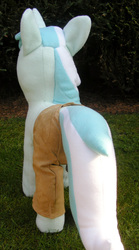 Size: 762x1366 | Tagged: safe, artist:hoppip, lyra heartstrings, pony, unicorn, g4, clothes, female, infamous, irl, lyra plushie, mare, outdoors, pants, photo, plothole plush lyra, plushie, rear view, solo, standing, tail, tail hole