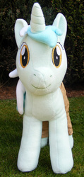 Size: 714x1506 | Tagged: safe, artist:hoppip, lyra heartstrings, pony, unicorn, g4, clothes, female, front view, infamous, irl, looking at you, lyra plushie, mare, outdoors, pants, photo, plothole plush lyra, plushie, smiling, solo, standing