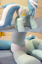 Size: 1280x1920 | Tagged: safe, artist:hoppip, lyra heartstrings, pony, unicorn, g4, clothes, collage, female, indoors, infamous, irl, low angle, lying, lyra plushie, mare, on side, panties, photo, plothole plush lyra, plushie, raised leg, side view, solo, standing, tail, tail hole, underwear, white underwear