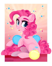 Size: 4969x6240 | Tagged: safe, artist:eiirine, pinkie pie, earth pony, pony, g4, abstract background, absurd resolution, balloon, cute, diapinkes, ear fluff, female, looking at you, mare, open mouth, sitting, smiling, solo