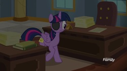 Size: 1920x1080 | Tagged: safe, screencap, twilight sparkle, alicorn, pony, friendship university, g4, desk, eyepatch, eyepatch (disguise), female, mare, paper, solo, twilight sparkle (alicorn)