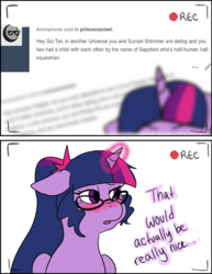 Size: 500x647 | Tagged: safe, artist:nichroniclesvsart, sci-twi, twilight sparkle, alicorn, pony, series:princess sciset, series:sciset diary, equestria girls, g4, blushing, camera shot, equestria girls ponified, glowing horn, horn, implied lesbian, implied scitwishimmer, implied shipping, implied sparkling sapphire, ponified, recording, sci-twilicorn, twilight sparkle (alicorn)