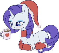 Size: 889x799 | Tagged: safe, artist:dusthiel, rarity, pony, g4, atg 2018, chocolate, christmas, clothes, female, food, hat, holiday, hot chocolate, mare, marshmallow, newbie artist training grounds, santa hat, scarf, simple background, solo, stockings, thigh highs, transparent background