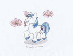 Size: 1600x1230 | Tagged: safe, artist:hickory17, shining armor, pony, unicorn, g4, corn, corndog, corndogs, food, magic, male, prancing, sausage, show accurate, simple background, smiling, that pony sure does love corn dogs, traditional art, white background