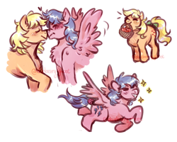 Size: 1024x819 | Tagged: safe, artist:ghostofblueberries, applejack (g1), firefly, pony, g1, apple, basket, blushing, boop, bow, cute, female, food, grin, happy, heart, kissing, lesbian, mare, mouth hold, noseboop, ship:applefly, shipping, sketch, smiling, sparkles, tail bow