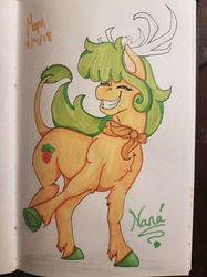 Size: 1280x1707 | Tagged: safe, artist:euspuche, oc, oc:ananá, deer pony, original species, raba-pony, smiling, traditional art