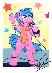 Size: 566x800 | Tagged: safe, artist:dahliawilder, melody, earth pony, pony, g1, my little pony tales, bipedal, bracelet, clothes, female, hoof in air, jewelry, mare, microphone, performance, scarf, singer, singing, smiling, spiked wristband, stage, stars, teenager, waving, wristband