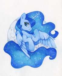 Size: 1280x1565 | Tagged: safe, artist:lispp, princess luna, alicorn, pony, g4, female, mare, moon, smiling, traditional art