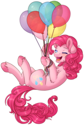 Size: 1013x1508 | Tagged: safe, artist:ak4neh, pinkie pie, earth pony, pony, g4, balloon, chest fluff, cute, diapinkes, ear fluff, featured image, female, floating, leg fluff, mare, one eye closed, open mouth, simple background, solo, then watch her balloons lift her up to the sky, transparent background, unshorn fetlocks, wink