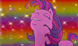 Size: 1248x737 | Tagged: safe, artist:jojodaggerback, edit, skywishes, earth pony, pony, friends are never far away, g3, eyes closed, fabulous secret powers, female, heyyeyaaeyaaaeyaeyaa, lip bite, mare, meme, rainbow, solo, sparkles