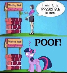 Size: 747x812 | Tagged: safe, edit, editor:leonidus, twilight sparkle, alicorn, human, pony, g4, 2 panel comic, bill, clothes, comic, female, funny, human to pony, mare, meme, question mark, skirt, solo, speech bubble, text, transformation, twilight sparkle (alicorn), well, wish, wishing well