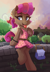 Size: 1280x1827 | Tagged: safe, artist:saxopi, oc, oc only, oc:espress, earth pony, semi-anthro, g4, arm hooves, candy, clothes, dress, food, licking, lollipop, sundress, tongue out, wristband