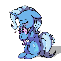Size: 1000x1000 | Tagged: safe, artist:vale-bandicoot96, starlight glimmer, trixie, pony, unicorn, g4, blushing, cute, diatrixes, eyes closed, female, floppy ears, glimmerbetes, heart, hug, implied lesbian, implied shipping, implied startrix, mare, plushie, simple background, sitting, smiling, solo, weapons-grade cute, white background